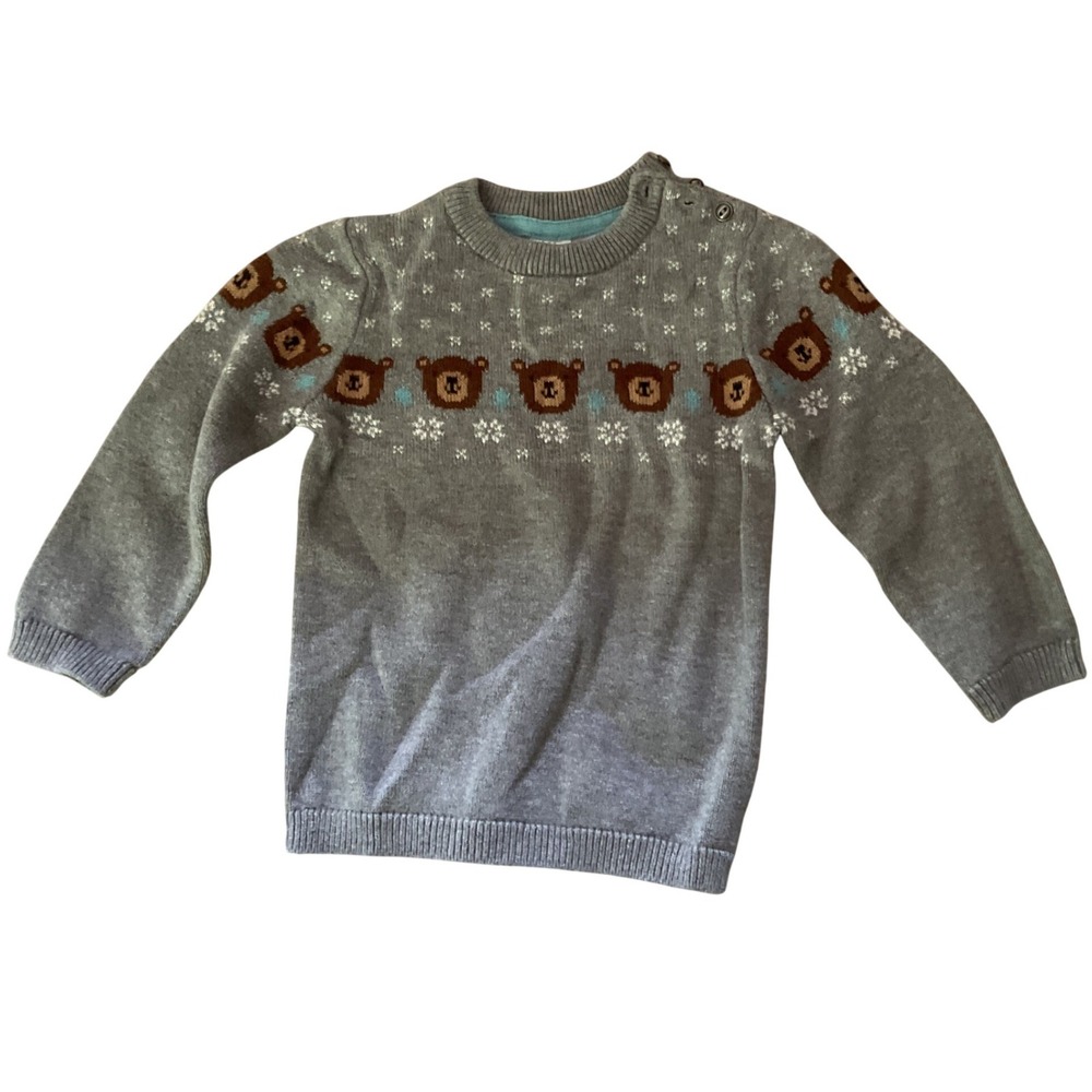 HM‎ Kids Grey Bear Fair Isle Knit Sweater Button Shoulder 12-18M